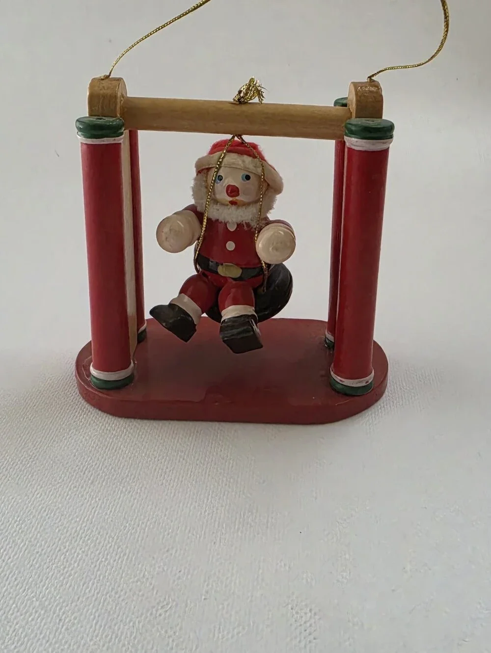 Vintage Style Wooden Santa Tire Swing Christmas Ornament 3.5